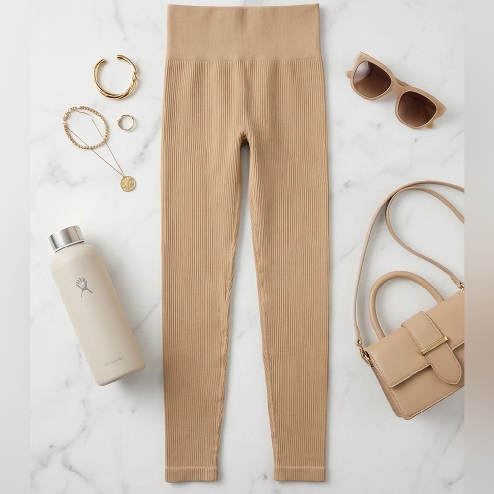 Zenana Women’s Ribbed Leggings in Tan - Picture 2 of 5